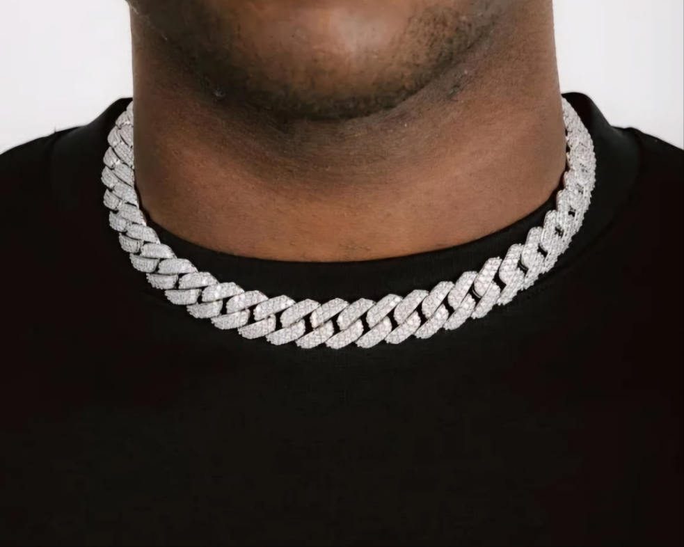 15mm Moissanite Cuban Link Chain - VVS1 - D Colour - 925 Silver w/ 18k White Gold Plating